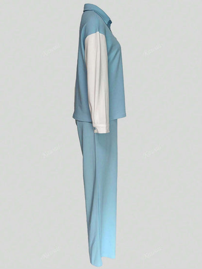 Colorblock Pocket Patched Shirt & Wide Leg Pants