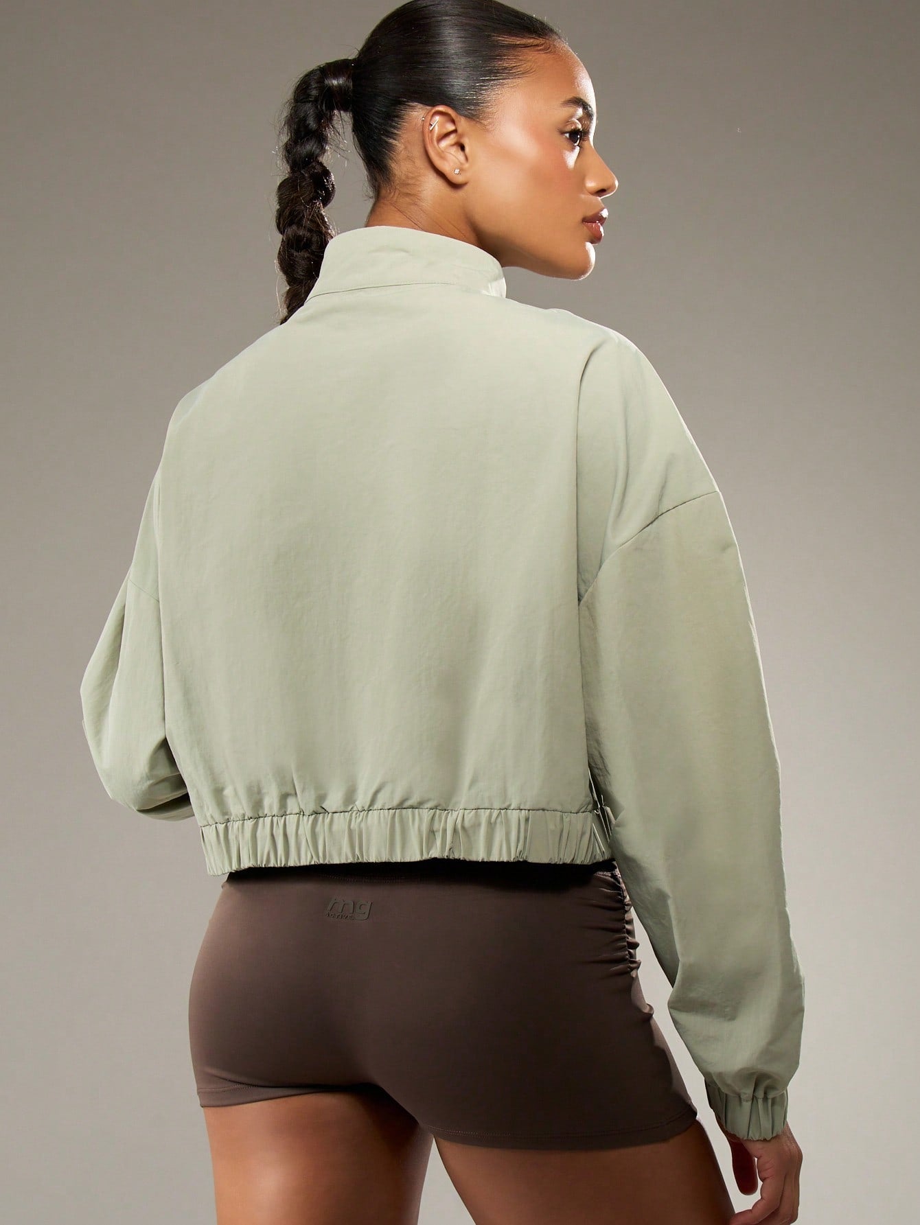 Cropped Color Block Track Jacket With Elastic Waist And Stand Collar