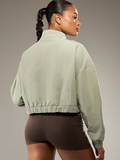 Cropped Color Block Track Jacket With Elastic Waist And Stand Collar