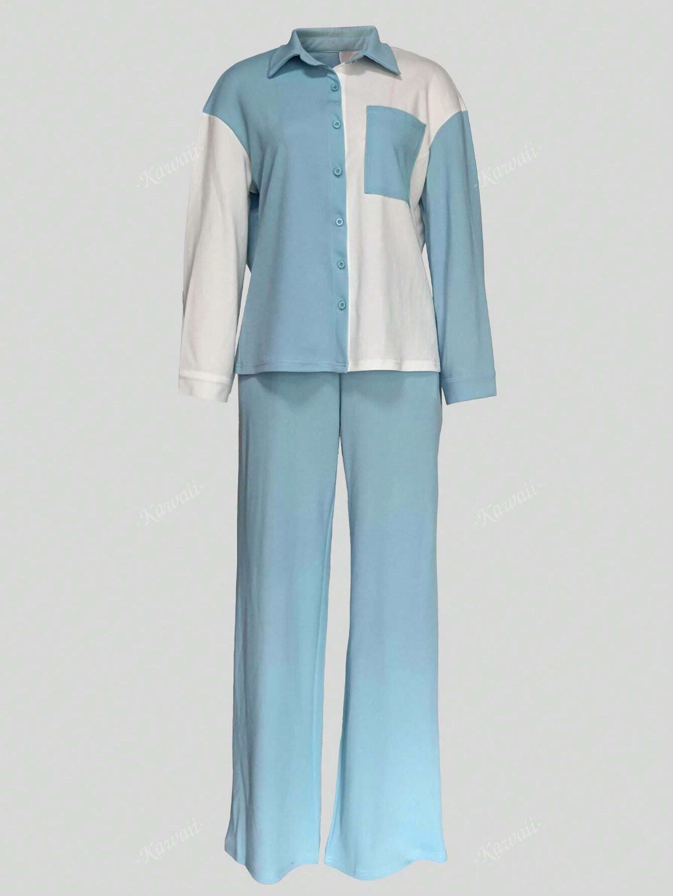 Colorblock Pocket Patched Shirt & Wide Leg Pants