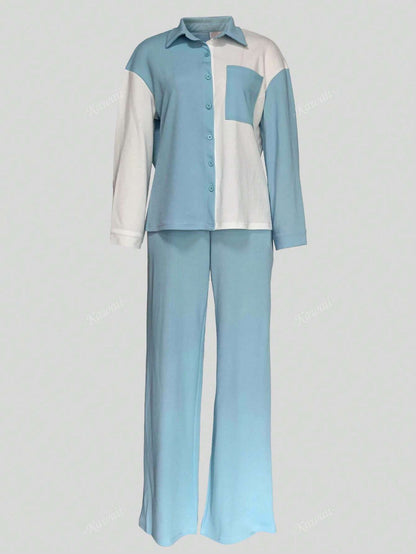 Colorblock Pocket Patched Shirt & Wide Leg Pants