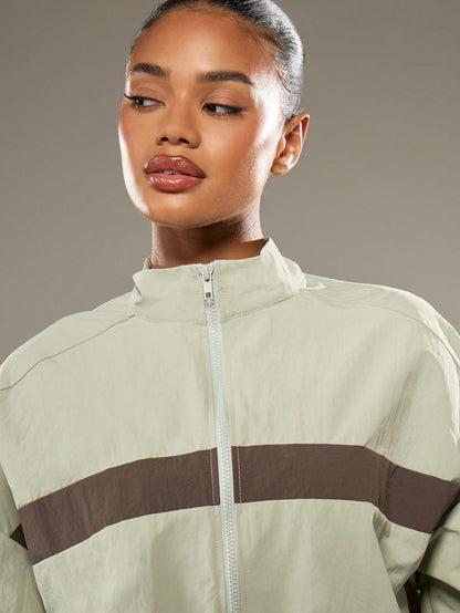 Cropped Color Block Track Jacket With Elastic Waist And Stand Collar