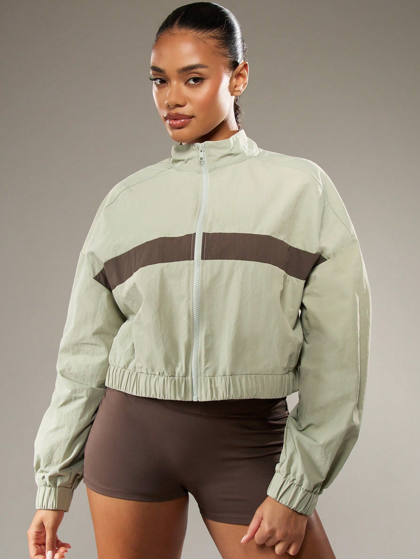 Cropped Color Block Track Jacket With Elastic Waist And Stand Collar