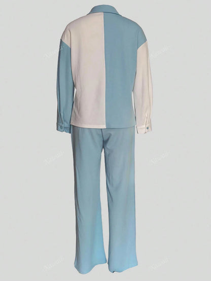 Colorblock Pocket Patched Shirt & Wide Leg Pants