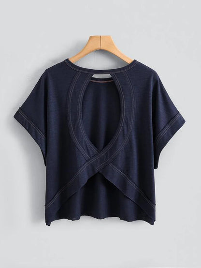 Women'S Plain Cut Out Asymmetrical Hem Batwing Sleeve Tee, Casual Short Sleeve round Neck T-Shirt for Summer, Ladies Clothes for Daily Wear, Tops, Womenswear